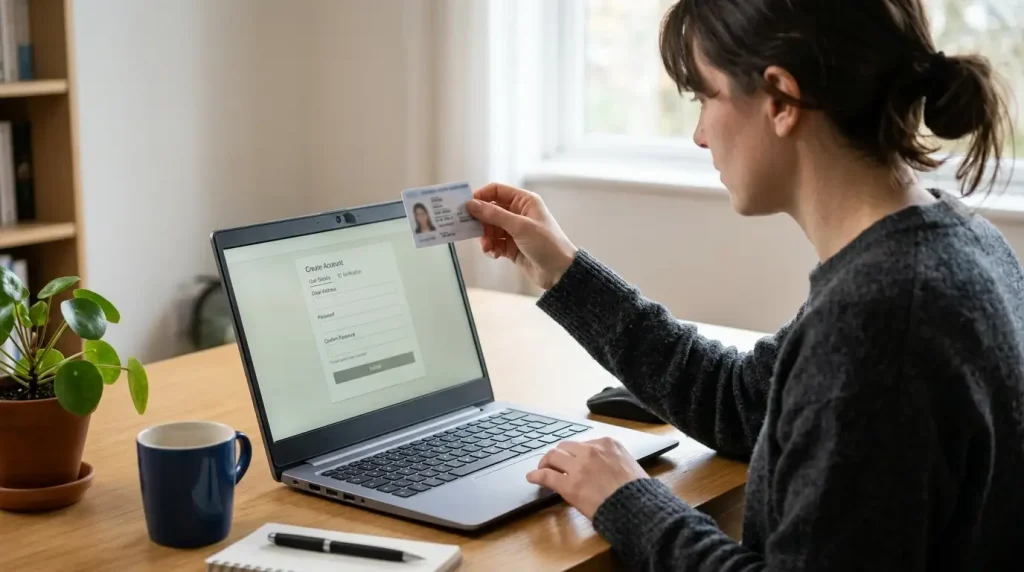 Registratie bij een legale bookmaker met identiteitsverificatie op een laptop
