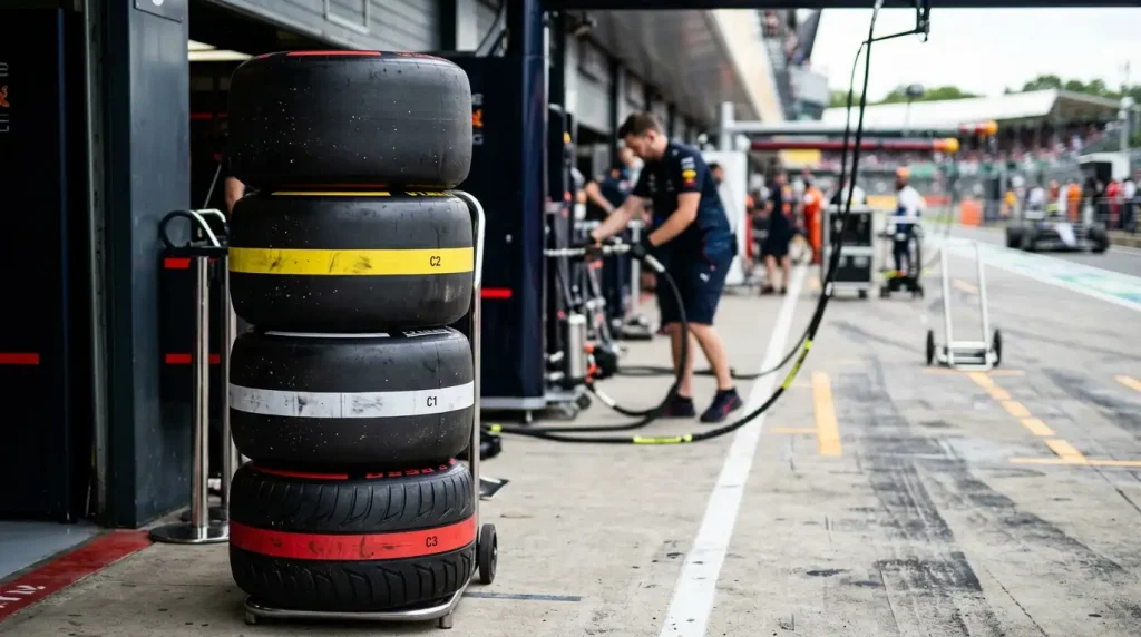 Set Formule 1-banden in verschillende compounds klaar voor een pitstop tijdens de race