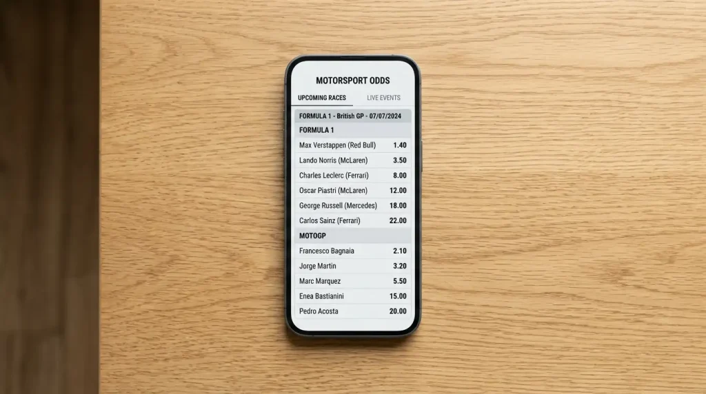 Smartphone met een lijst Formule 1-odds van een bookmaker op het scherm