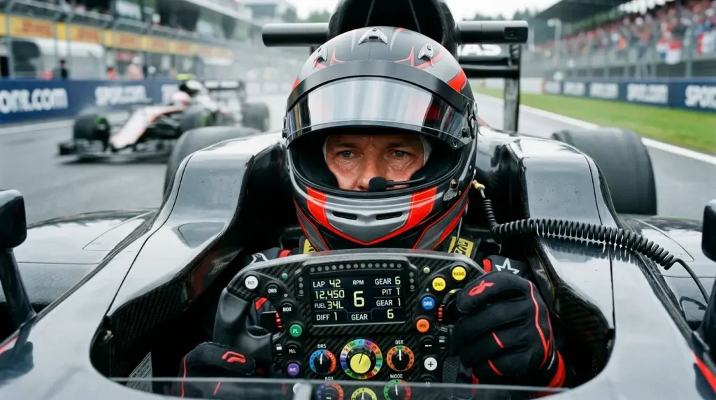 Coureur in de cockpit die via de boordradio met zijn team communiceert tijdens een race
