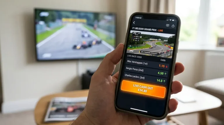 Live cash-out-optie op een telefoon tijdens een Formule 1-race