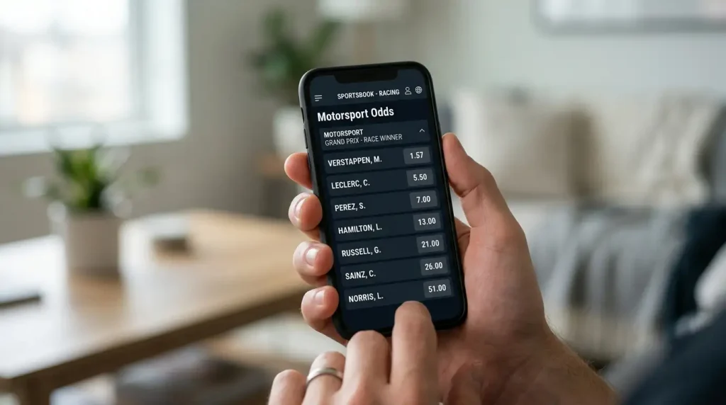 Smartphone met een sportsbook-app waarop decimale odds voor een Formule 1-race te zien zijn