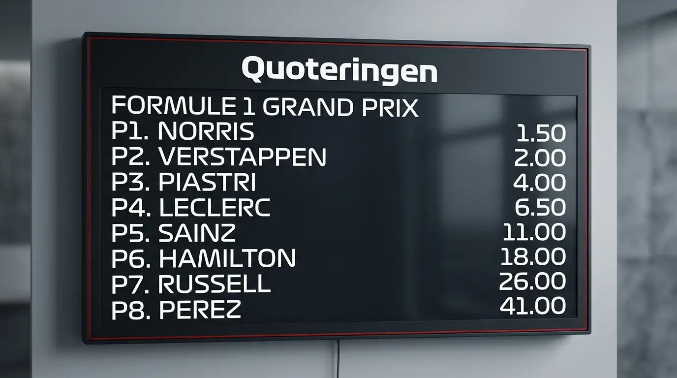 Overzichtsbord met decimale quoteringen voor verschillende Formule 1-coureurs