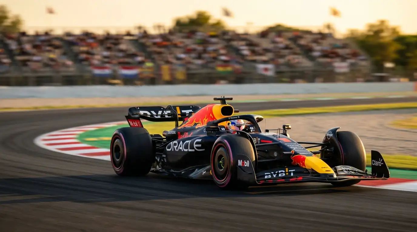 Formule 1 bolide stuift door een apex op het circuit tijdens een Grand Prix-weekend