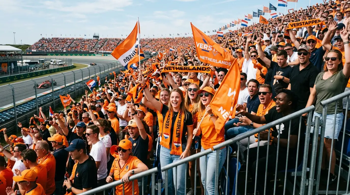 Volle tribune met een diverse groep Formule 1-fans tijdens een Grand Prix-weekend