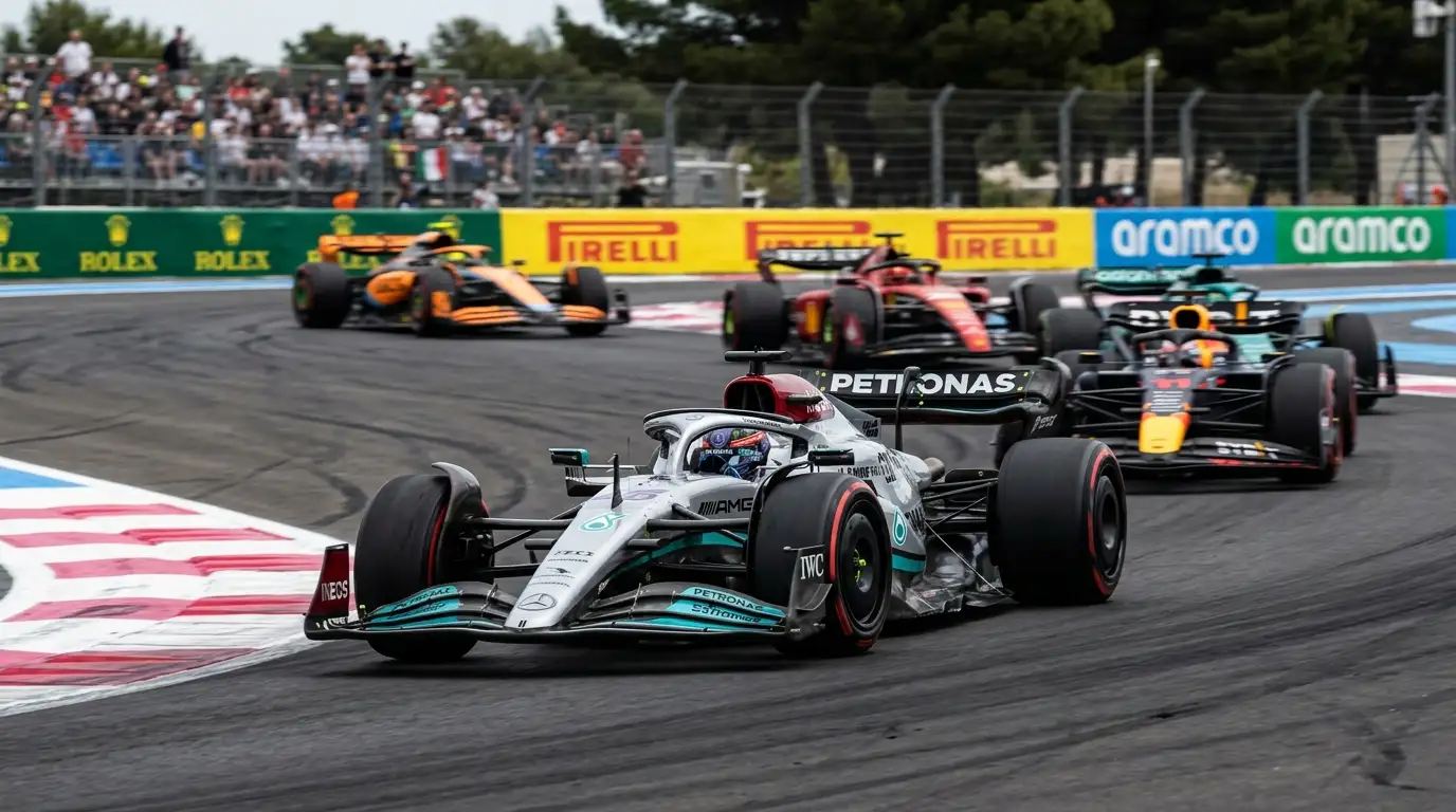Moderne Formule 1-bolide leidt het veld op het circuit tijdens het seizoen 2026
