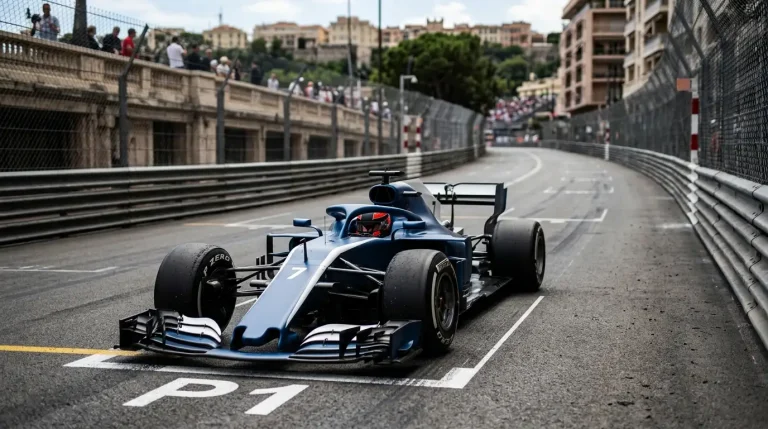 Formule 1-auto op pole position op de startgrid van een circuit met weinig inhaalmogelijkheden
