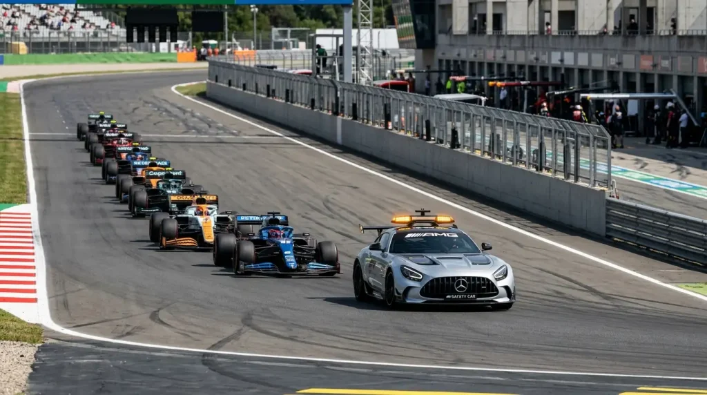 Formule 1-race met een safety car op de baan tijdens een neutralisatie