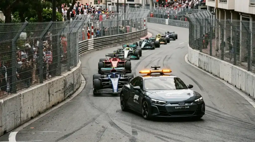 Safety car die het Formule 1-veld aanvoert tijdens een neutralisatie op een stratencircuit