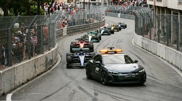 Safety car die het Formule 1-veld aanvoert tijdens een neutralisatie op een stratencircuit