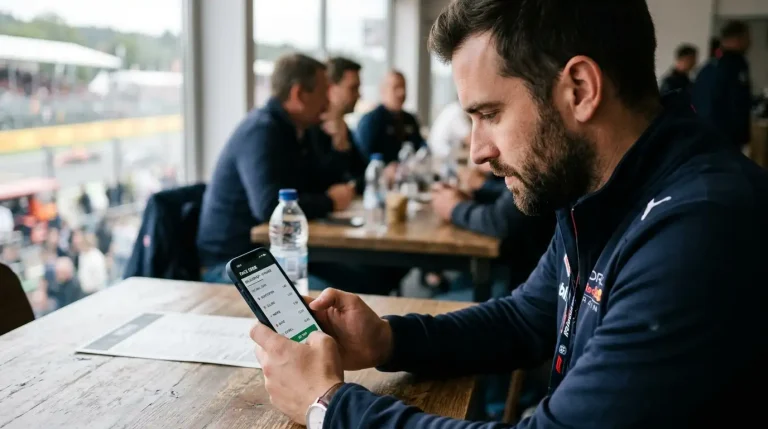 Fan die op een smartphone de odds van een Formule 1-race bekijkt voor een weddenschap