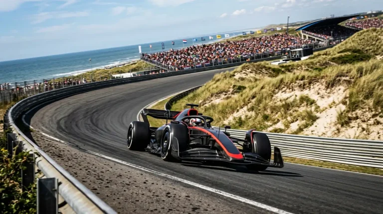 Formule 1-auto in de befaamde steile kombocht van Circuit Zandvoort tijdens de Dutch Grand Prix