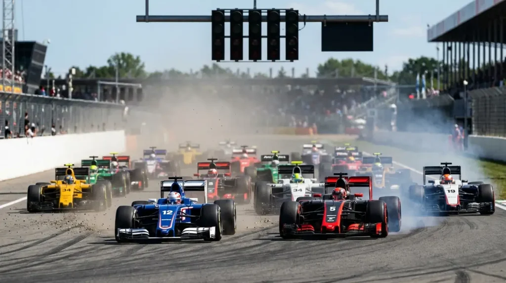 Formule 1-auto's die fel van start gaan tijdens een korte sprintrace