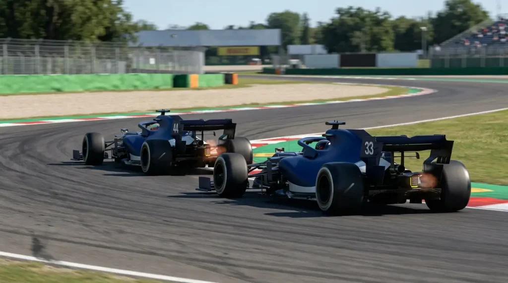 Twee Formule 1-auto's van hetzelfde team die samen over het circuit rijden