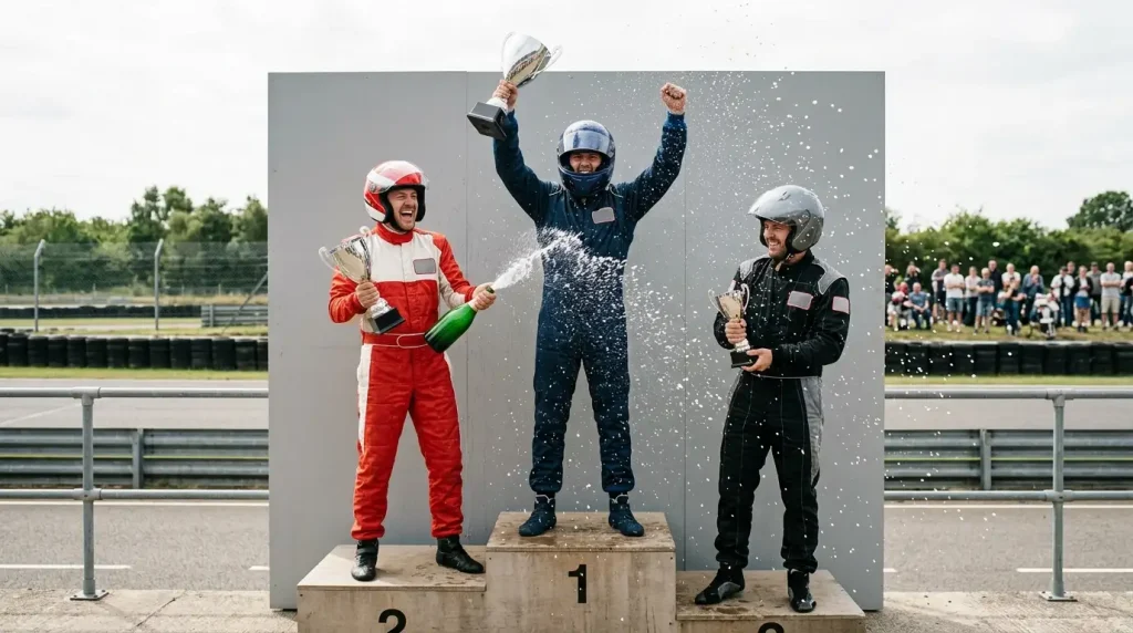 Drie Formule 1-coureurs op het podium na afloop van een Grand Prix