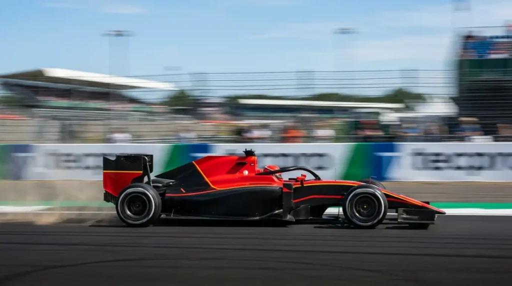 Formule 1-auto in volle vaart tijdens het seizoen 2026 als context voor weddenschappen