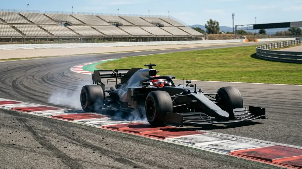 Formule 1-auto die op het scherpst van de snede een snelle ronde rijdt tijdens de kwalificatie