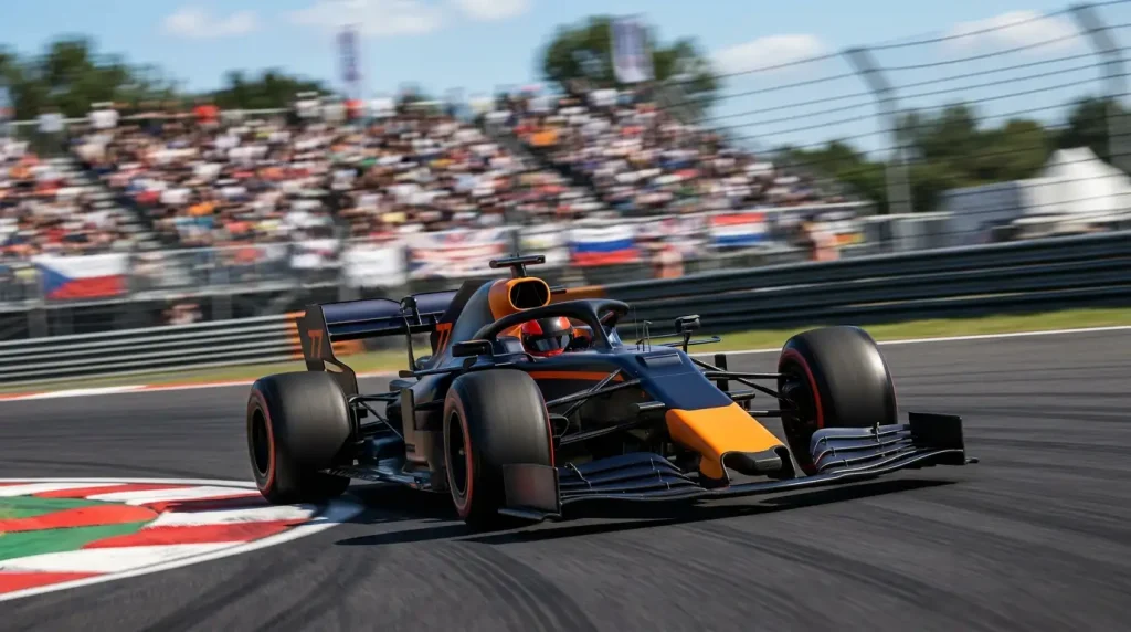 Formule 1-auto op verse banden die in de slotfase van een race een snelle ronde rijdt