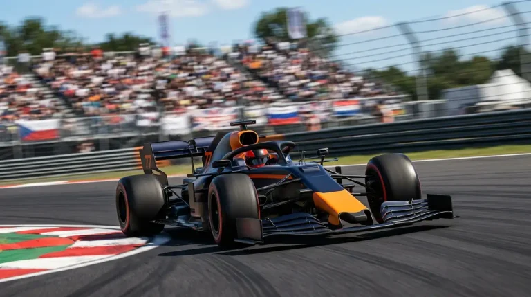Formule 1-auto op verse banden die in de slotfase van een race een snelle ronde rijdt