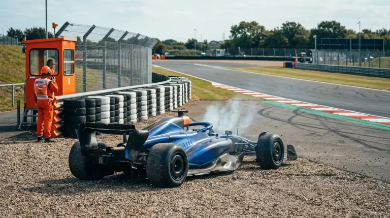 Gestrande Formule 1-auto langs het circuit na een mechanisch probleem tijdens de race