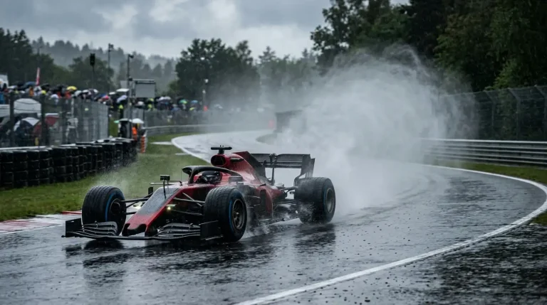 Formule 1-auto's die door het opspattende water rijden tijdens een natte Grand Prix