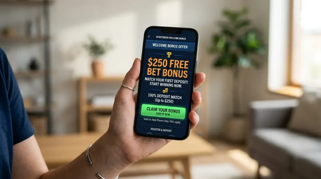 Smartphone met een welkomstbonus-aanbieding van een bookmaker voor Formule 1-weddenschappen